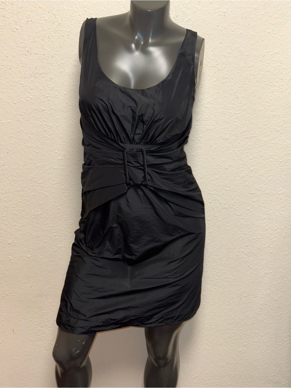 Karen Zambos Black Sleeveless Mini Dress with Belted Waist